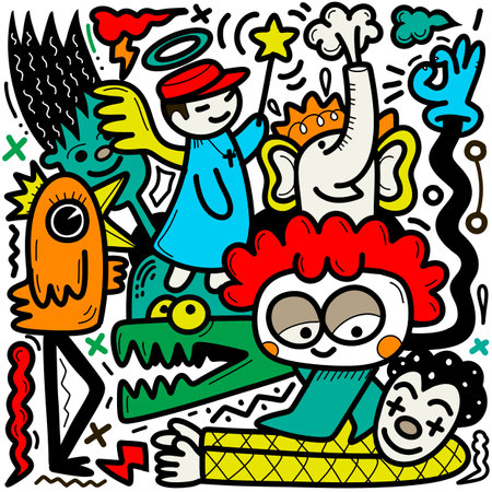 Doodle, hand drawn illustration of colorful cartoon characters, in the style of psychedelic absurdism, bold outlines, chilling creatures, baroque madness, child drawing ,Illustration Vectorのイラスト素材