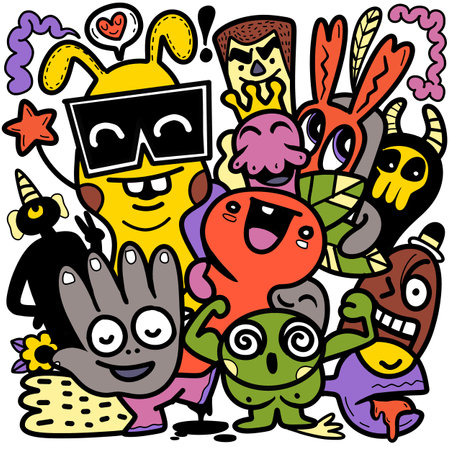 Doodle, hand drawn illustration of colorful cartoon characters, in the style of psychedelic absurdism, bold outlines, chilling creatures, baroque madness, child drawing ,Illustration Vectorのイラスト素材