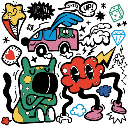 Doodle, hand drawn illustration of colorful cartoon characters, in the style of psychedelic absurdism, bold outlines, chilling creatures, baroque madness, child drawing ,Illustration Vectorのイラスト素材