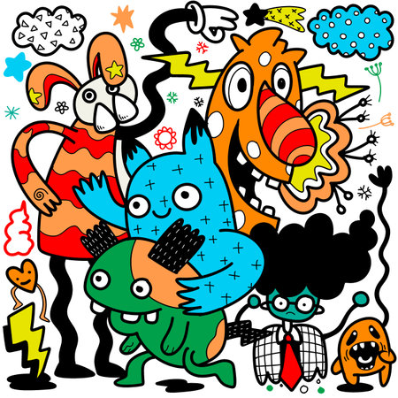 Doodle, a group of cartoon characters in a cartoon style, in the style of vibrant neo-expressionism, dynamic line work, nightmarish creatures, salvagepunk, light azure and orange ,Illustration Vectorのイラスト素材