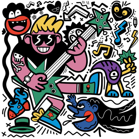 Doodle, cartoon character playing guitar with various creatures, in the style of fluid line work, cheerful colors, rage punk, expressive texture, tumble wave, loose gestures ,Illustration Vectorのイラスト素材
