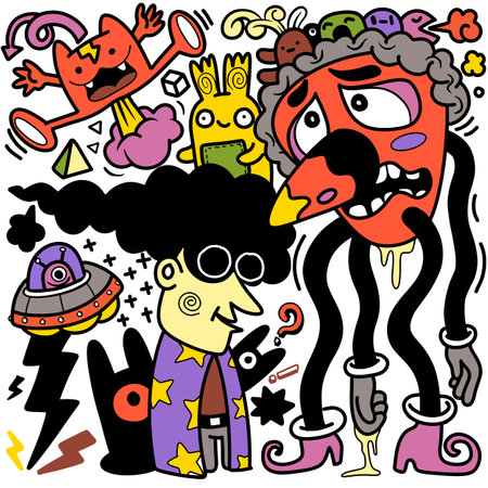 Doodle, hand drawn illustration of colorful cartoon characters, in the style of psychedelic absurdism, bold outlines, chilling creatures, baroque madness, child drawing ,Illustration Vectorのイラスト素材