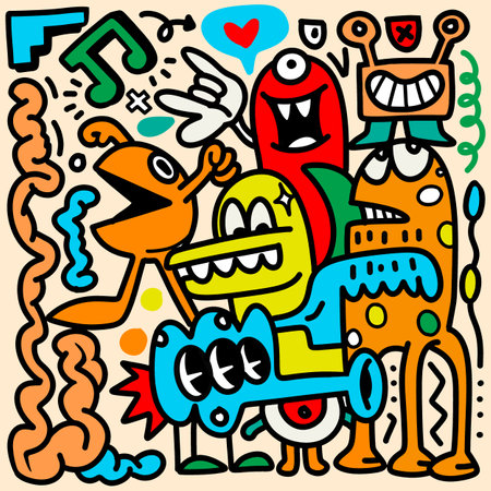 Doodle, a group of cartoon characters in a cartoon style, in the style of vibrant neo-expressionism, dynamic line work, nightmarish creatures, salvage punk, light azure and orange ,Illustration Vectorのイラスト素材