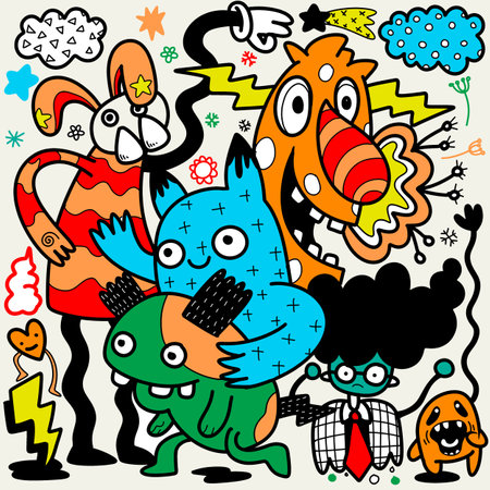 Doodle, a cartoon illustration featuring cartoon characters and cartoons, in the style of abstract animal, psychedelic illustration, energetic dadaism, illustration, bad painting, frenetic line work, light yellow and dark cyan ,Illustration Vectorのイラスト素材
