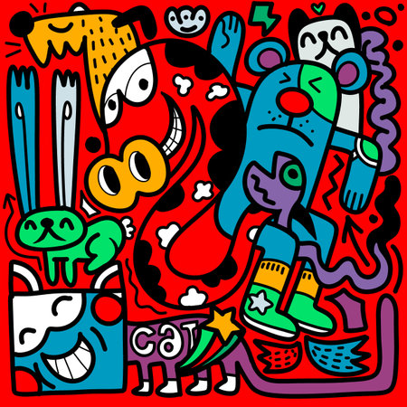Doodle, a group of cartoon characters in a cartoon style, in the style of vibrant neo-expressionism, dynamic line work, nightmarish creatures, salvage punk, light azure and orange ,Illustration Vectorのイラスト素材