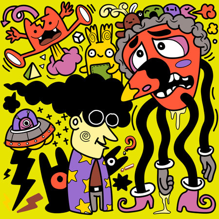 Doodle, a group of cartoon characters in a cartoon style, in the style of vibrant neo-expressionism, dynamic line work, nightmarish creatures, salvage punk, light azure and orange ,Illustration Vectorのイラスト素材