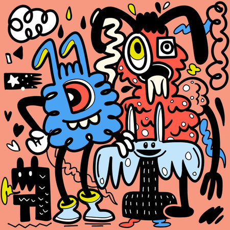 Illustration colorful of Doodle cute Monster background ,Hand drawing Doodleのイラスト素材