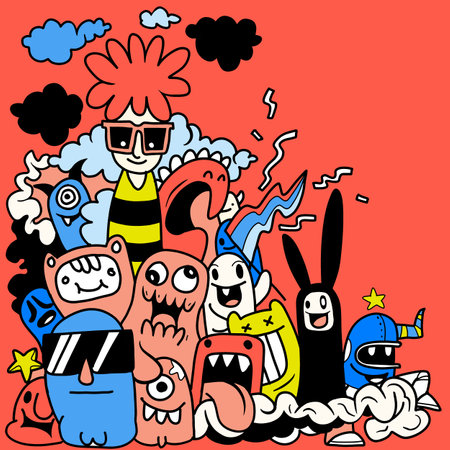 Illustration colorful of Doodle cute Monster background ,Hand drawing Doodleのイラスト素材