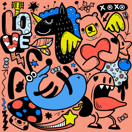 Illustration colorful of Doodle cute Monster background ,Hand drawing Doodleのイラスト素材