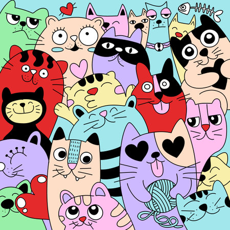 Illustration , colorful hand drawn doodle Funny cats  Setのイラスト素材