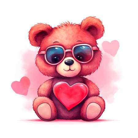 Cute Cartoon Teddy Bear Holding red heart illustrationの素材