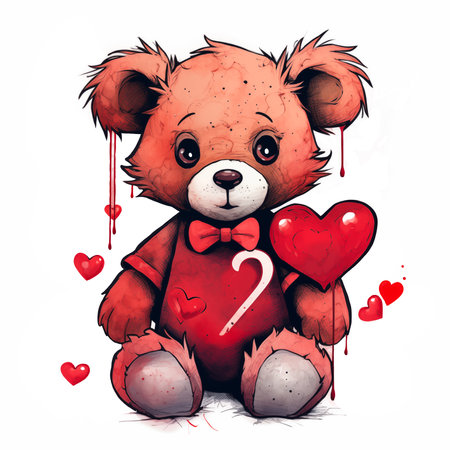 Cute Cartoon Teddy Bear Holding red heart illustrationの素材