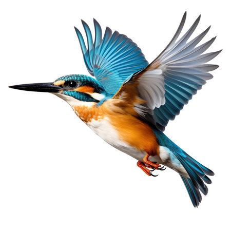 Beautiful kingfisher bird flying on transparent backgroundの素材