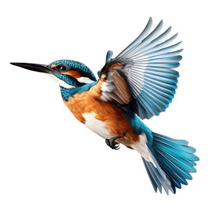 Beautiful kingfisher bird flying on transparent backgroundの素材
