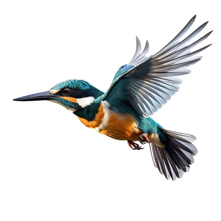 Beautiful kingfisher bird flying on transparent backgroundの素材