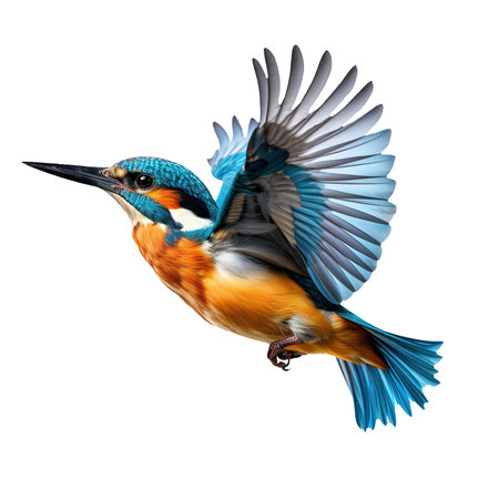 Beautiful kingfisher bird flying on transparent backgroundの素材