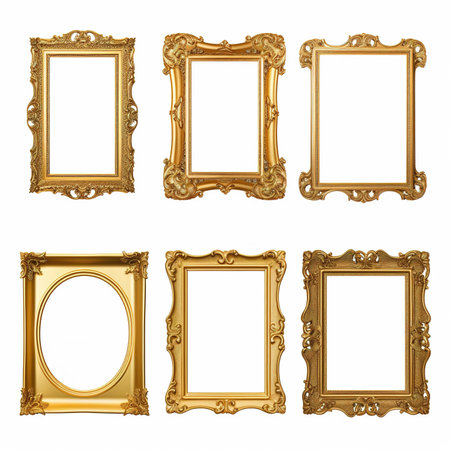 Isolated on a white background, an antique gilded frame intricately carved, providing a vintage golden rectangular border for photosの素材