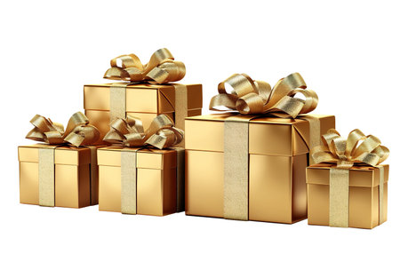 Multiple gift boxes stacked in various colors against a transparent white backdropの素材