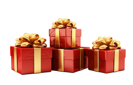 Multiple gift boxes stacked in various colors against a transparent white backdropの素材
