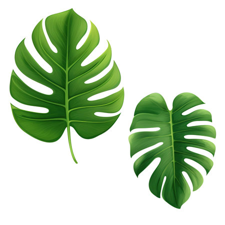 A photorealistic close-up of a beautiful monstera leaf on a transparent background, provided as a PNG. An exotic plant element ideal for graphic design, cut out for easy useの素材