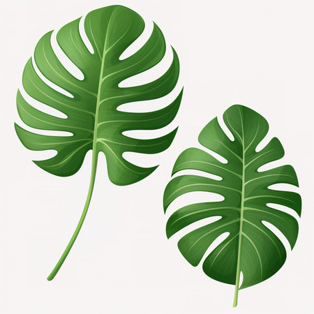 A photorealistic close-up of a beautiful monstera leaf on a transparent background, provided as a PNG. An exotic plant element ideal for graphic design, cut out for easy useの素材