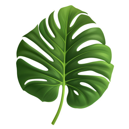 A photorealistic close-up of a beautiful monstera leaf on a transparent background, provided as a PNG. An exotic plant element ideal for graphic design, cut out for easy useの素材