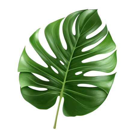A photorealistic close-up of a beautiful monstera leaf on a transparent background, provided as a PNG. An exotic plant element ideal for graphic design, cut out for easy useの素材