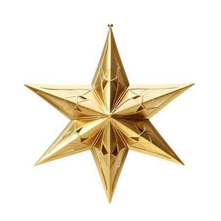 Golden five pointed star isolated on a transparent backgroundの素材