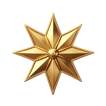 Golden five pointed star isolated on a transparent backgroundの素材
