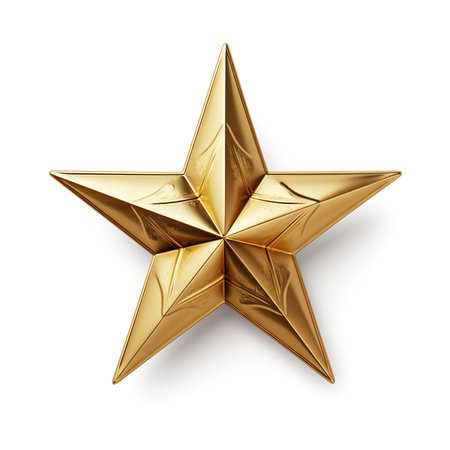 Golden five pointed star isolated on a transparent backgroundの素材