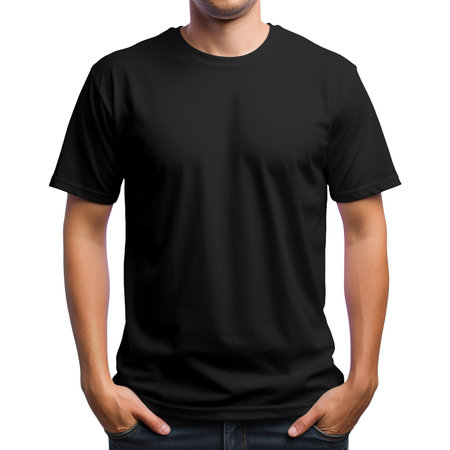 A handsome young man mockup featuring black t shirts, isolated on a white or transparent background, available with a PNG cutout ideal for framing and mockup designs. This showcases the front viewの素材