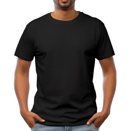 A handsome young man mockup featuring black t shirts, isolated on a white or transparent background, available with a PNG cutout ideal for framing and mockup designs. This showcases the front viewの素材