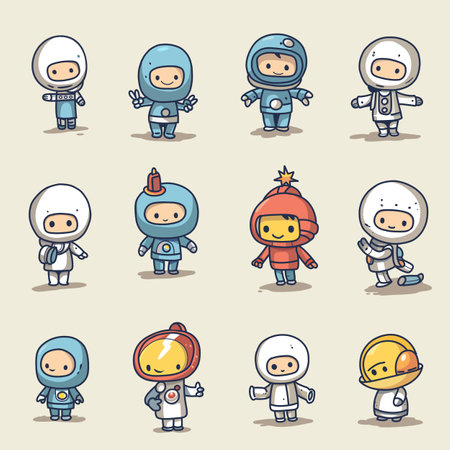Cute Cartoon space set of astronaut isolated on a  background , Astronaut Character Set. Cartoon spaceman. Cosmonaut.のイラスト素材