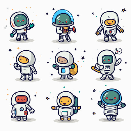 Cute Cartoon space set of astronaut isolated on a  background , Astronaut Character Set. Cartoon spaceman. Cosmonautのイラスト素材
