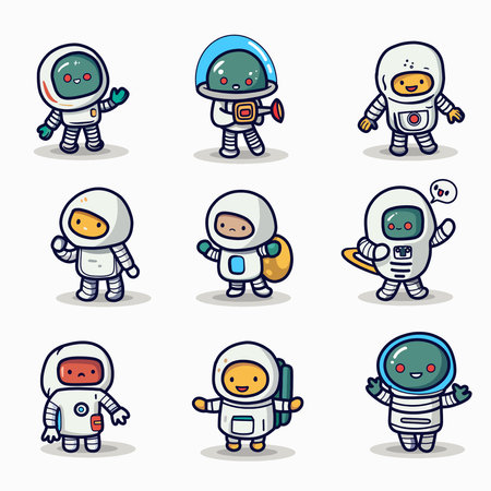 Cute Cartoon space set of astronaut isolated on a  background , Astronaut Character Set. Cartoon spaceman. Cosmonautのイラスト素材