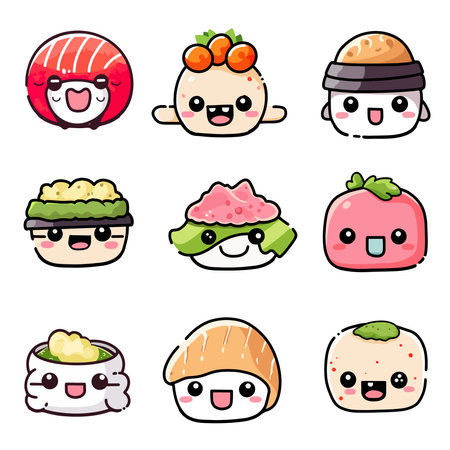 Vector character collection of cute sushi and rolls in kawaii style with smiling faces. Cute sushi and rolls.. Japanese traditional cuisine dishesのイラスト素材