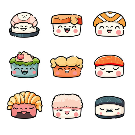 Vector character collection of cute sushi and rolls in kawaii style with smiling faces. Cute sushi and rolls.. Japanese traditional cuisine dishesのイラスト素材