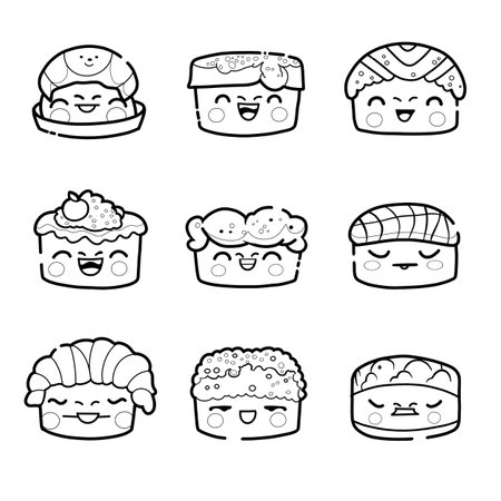 Vector character collection of cute sushi and rolls in kawaii style with smiling faces. Cute sushi and rolls.. Japanese traditional cuisine dishes . cute line artのイラスト素材