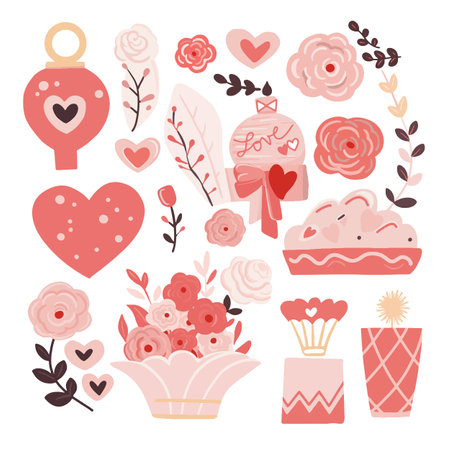 Set of  elements for Valentine's Day. Heart, car, balls, flowers, garland, sweets on a white background. Love stickers set.のイラスト素材