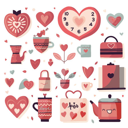 Set of  elements for Valentine's Day. Heart, car, balls, flowers, garland, sweets on a white background. Love stickers set.のイラスト素材