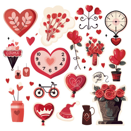 Set of  elements for Valentine's Day. Heart, car, balls, flowers, garland, sweets on a white background. Love stickers set.のイラスト素材