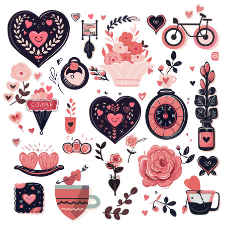 Set of  elements for Valentine's Day. Heart, car, balls, flowers, garland, sweets on a white background. Love stickers set.のイラスト素材