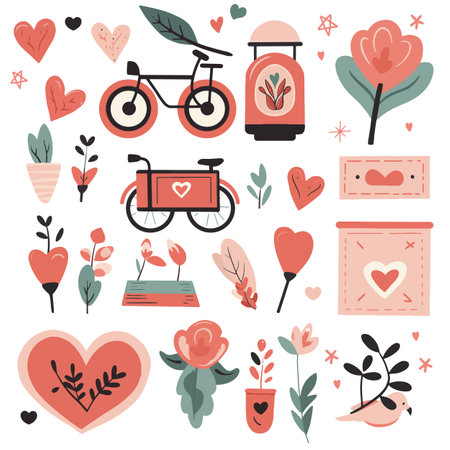 Set of  elements for Valentine's Day. Heart, car, balls, flowers, garland, sweets on a white background. Love stickers set.のイラスト素材