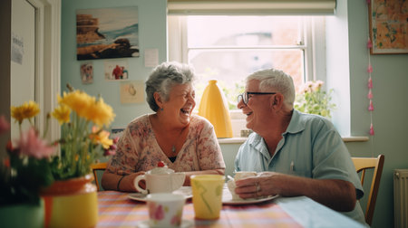 two contented elderly lovers, , and hearts in the backdrop. The scene is a kitchen in an English country house with natural light in the morningの素材
