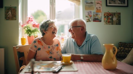 two contented elderly lovers, , and hearts in the backdrop. The scene is a kitchen in an English country house with natural light in the morningの素材