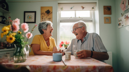 two contented elderly lovers, , and hearts in the backdrop. The scene is a kitchen in an English country house with natural light in the morningの素材