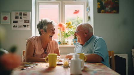 two contented elderly lovers, , and hearts in the backdrop. The scene is a kitchen in an English country house with natural light in the morningの素材