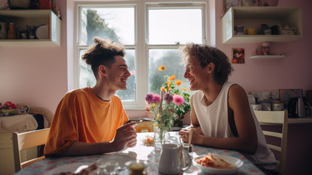 two contented young man lovers, and hearts in the backdrop. The scene is a kitchen in an English country house with natural light in the morningの素材