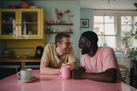 two contented young man lovers, and hearts in the backdrop. The scene is a kitchen in an English country house with natural light in the morningの素材
