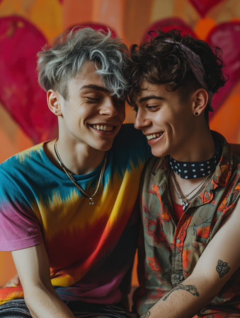photorealistic shallow depth of focus portrait of two content young LGBTQ+ , young males in love with hearts in the backgroundの素材